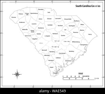 South Carolina state outline administrative and political map in black and white Stock Vector