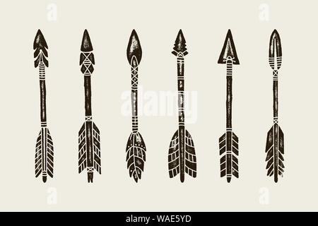 A set Of six Hand Draw Ethnic Indian Arrow. Vector Illustration of hipster Arrows Isolated on White Background with Grunge Texture. Stock Vector