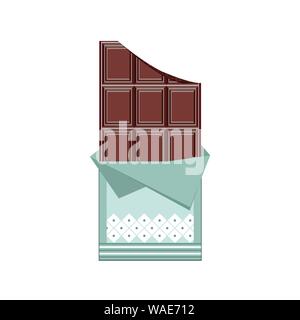 Chocolate bar broken in unpacked packaging. Vector illustration on an isolated background Stock Vector