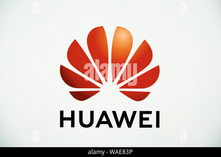 Chinese multinational technology company Huawei logo seen in Shanghai Hongqiao International Airport. Stock Photo