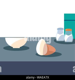 bowl with eggs pepper knife preparation cooking vector illustration ...