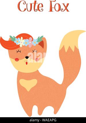 Cute fox in floral wreath isolated on white background, kawaii baby girl animal card, ginger smiling fox with flowers and furry tail. Cartoon flat vec Stock Vector