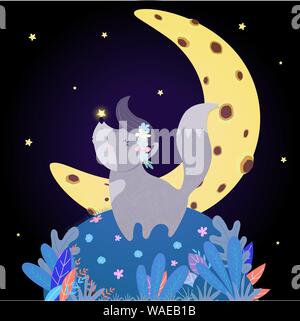 Funny Wolf Howl at Moon. Funny Kawaii Baby Wolfling Cub in Flower Wreath with Glowing Star on Nose Stand on Field with Plants under Starry Sky Howling Stock Vector