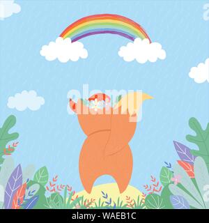 Cute fox watching on rainbow under summer rain. Funny little fox rear view in flower wreath back side, character for kids baby design. Cartoon flat ve Stock Vector