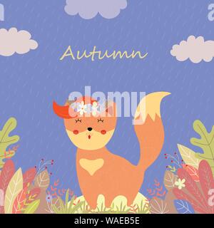 Cute fox in flower wreath with ginger forelock and stand among plants and leaves on field in rainy autumn day, Cartoon  vector hand drawn illustration Stock Vector