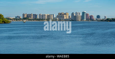 Panoramic view of downtown West Palm Beach across beautiful Lake Worth Lagoon (Intracoastal Waterway) from Palm Beach, Florida. (USA)