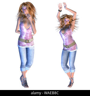 Digital render of a beautiful blonde girl in jeans dancing. Stock Photo