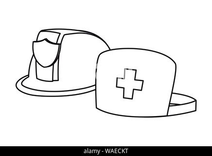 happy labor day - firefighter and nurse helmet tool vector illustration outline Stock Vector