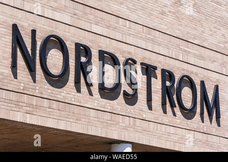 August 19, 2019 San Mateo / CA / USA - Close up of Nordstrom sign above the store entrance at Hillsdale Shopping Center, San Francisco bay area Stock Photo