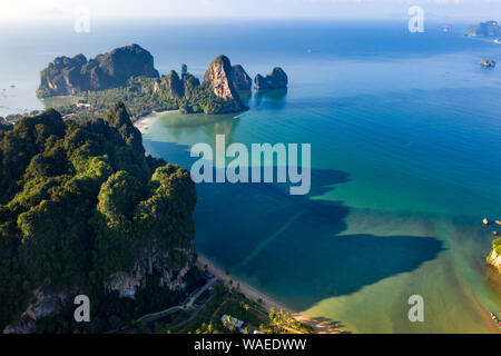 Aerial drone view of popular travel tropical karst rocks perfect for climbing Tonsai Beach, Krabi province, Thailand