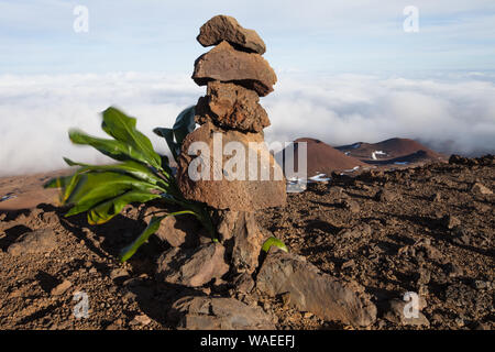 Stone markers/Native Hawaiian Shrines (Heiau), serving also as a reminder of the sacred history of Mauna Kea, Hawaii Stock Photo