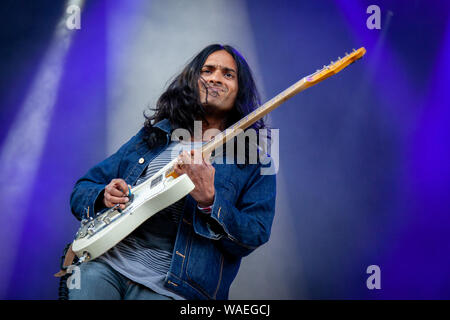 Trondheim, Norway. August 15th, 2019. The American experimental pop band Yeasayer performs a live concert during the Norwegian music festival Pstereo 2019. Here guitarist Anand Wilder is seen live on stage. (Photo credit: Gonzales Photo - Tor Atle Kleven). Stock Photo