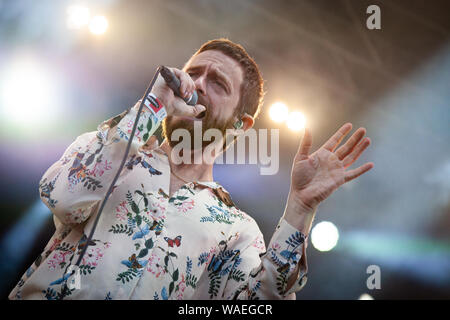 Trondheim, Norway. August 15th, 2019. The American experimental pop band Yeasayer performs a live concert during the Norwegian music festival Pstereo 2019. Here singer and songwriter Chris Keating is seen live on stage. (Photo credit: Gonzales Photo - Tor Atle Kleven). Stock Photo