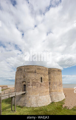 A quatrefoil fortress, the Martello Tower on the suffolk coast at Aldeburgh, East Suffolk, England, UK. ‘looking a bit like cooling towers’