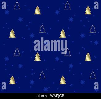 Blue Seamless pattern with golden Christmas trees Stock Vector