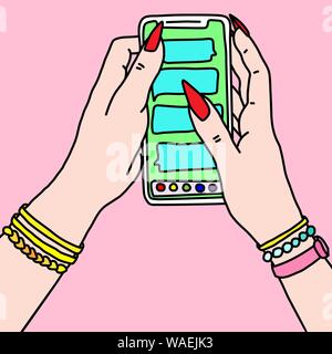Hands with long nails holding smartphone. Woman texting sketch. Girl sends messages. Vector illustration. Stock Vector