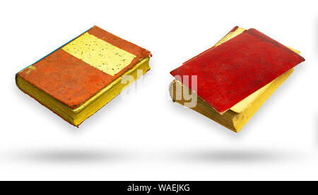 Red canvas and red leather cover old book. Isolate and clipping path on white background. Stock Photo