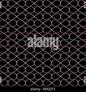Abstract infinity seamless geometric pink gold color lines pattern ornament stylish on black background. Grid with curly cells stripe tile texture mes Stock Vector