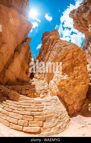 Bryce Canyon trail near Sunset Point, wide angle view of beautiful rock formations on a sunny day. Stock Photo