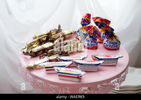 Saint Petersburg, August 2019.Russian chocolates and sweets at a party Stock Photo