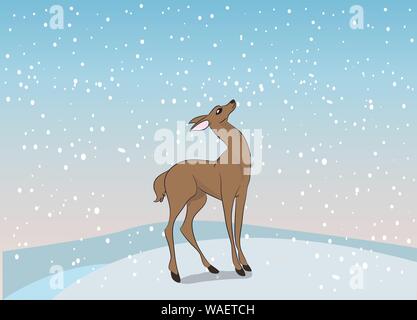woman deer, vector, outdoors, deer, standing under the snow Stock Vector