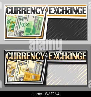 Vector banners for Currency Exchange, cartoon paper banknotes of 100 european euro, dollar usa and swiss franc, lettering for words currency exchange, Stock Vector