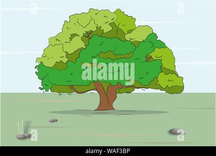 tree stands on nature colored drawing, vector Stock Vector
