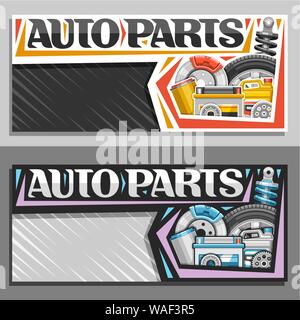Vector banners for Auto Parts with copy space, template with original lettering for words auto parts, illustrations of brake system, new air filter, g Stock Vector
