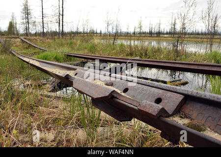 The railway track. The remains of the 'Dead Road' built by the slave labourers of the Gulag system between 1949 and 1953. This railway links the towns of Salekhard and Nadym in the Yamalo-Nenets Autonomous Region. It was an almost technically impossible project started by Stalin and stopped by the soviet authorities immediatly after the death of the dictator. Stock Photo