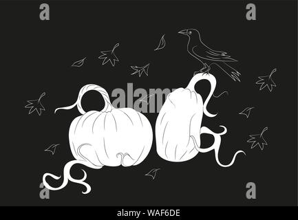 pumpkins on which the crow sits on halloween,  silhouette, vector Stock Vector