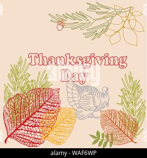 Thanksgiving typography.Hand drawn lettering with stylized pumpkins,leaves,acorns and confetti in fall colors.Thanksgiving design perfect for prints,f Stock Vector