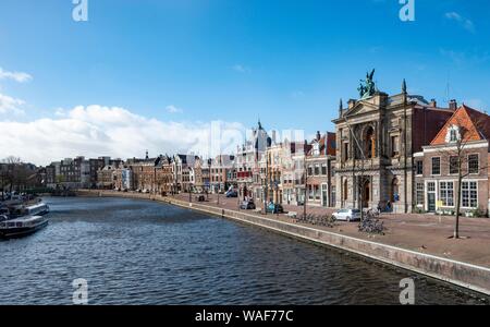 Gracht Spaarne with historic houses and Teylers Museum, Old Town, Haarlem, North Holland, Holland, Netherlands Stock Photo