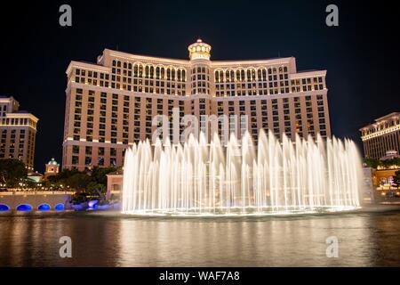 Light show and water fountains, fountain in front of the Bellagio Hotel, night shot, luxury hotel, Las Vegas Strip, Las Vegas Boulevard, Las Vegas Stock Photo