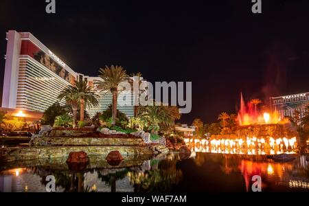 Show with artificial volcano eruption at Hotel The Mirage, night scene, Las Vegas, Nevada, USA Stock Photo