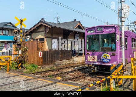 Train at Saga-Arashiyama Station, Sagano Scenic Line, Kyoto, Japan Stock Photo