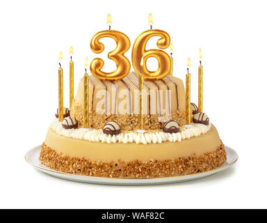 Festive cake with golden candles - Number 36 Stock Photo