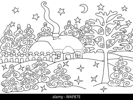 Coloring book winter landscape. Hand drawn simple flat vector ...