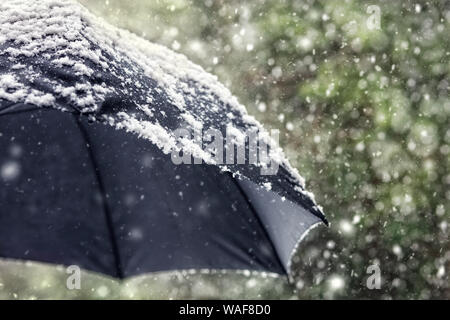 Snow flakes falling on a black umbrella concept for bad weather, winter or snowing blizzard Stock Photo