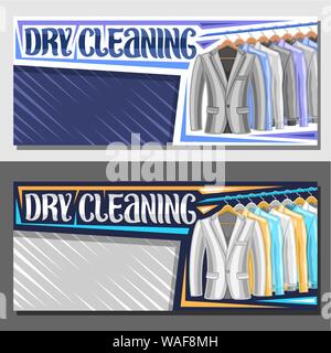 Vector banners for Dry Cleaning with copy space, blue leaflet with illustration of blazers and colorful shirts hanging on hanger, brush typeface for w Stock Vector