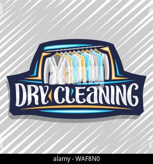 Vector logo for Dry Cleaning, blue decorative tag with illustration of modern blazers and yellow shirts hanging on hanger, original brush typeface for Stock Vector