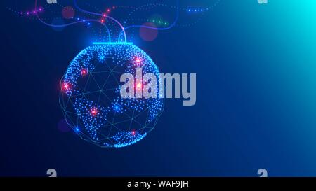 Christmas ball on close up tree in electronic, communication technology style. Global internet, network concept illustration. Tech digital template of