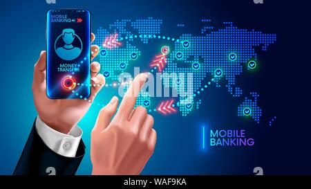 Money transfer via mobile banking on app phone. Hand businessman swipes on screen smartphone and makes financial transactions in all world. Internet Stock Vector