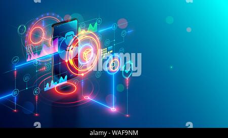 Internet mobile banking isometric concept. Online bank on phone. Safety web payment through mobile app on smartphone. Digital security financial Stock Vector