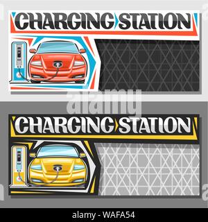 Vector layouts for Electric Car Charging Station with copy space on cells, signboard with cartoon electric red and yellow vehicles loading in charger, Stock Vector