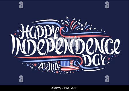 Vector greeting card for Independence Day, banner with cartoon fireworks and stars, original lettering for words happy independence day 4th july, crea Stock Vector