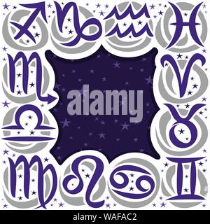 Vector frame for Astrology, cut paper border with twelve zodiac signs and dark background for writing horoscope, placard with collection of 12 astrolo Stock Vector
