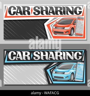 Vector banners for Car Sharing with copy space, signage with red and blue cartoon subcompact hatchback and smartphone, original lettering for words ca Stock Vector