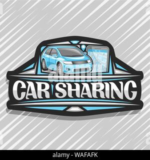 Vector logo for Car Sharing company, black decorative sticker with cartoon subcompact hatchback and cellphone, original lettering for words car sharin Stock Vector
