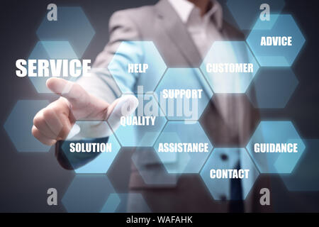 businessman hand pushing service button concept for help, contact support and assistance Stock Photo