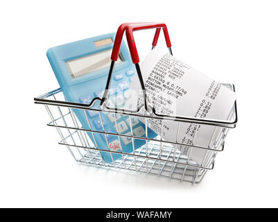 Shopping till receipt, calculator and basket concept for grocery expenses and consumerism Stock Photo